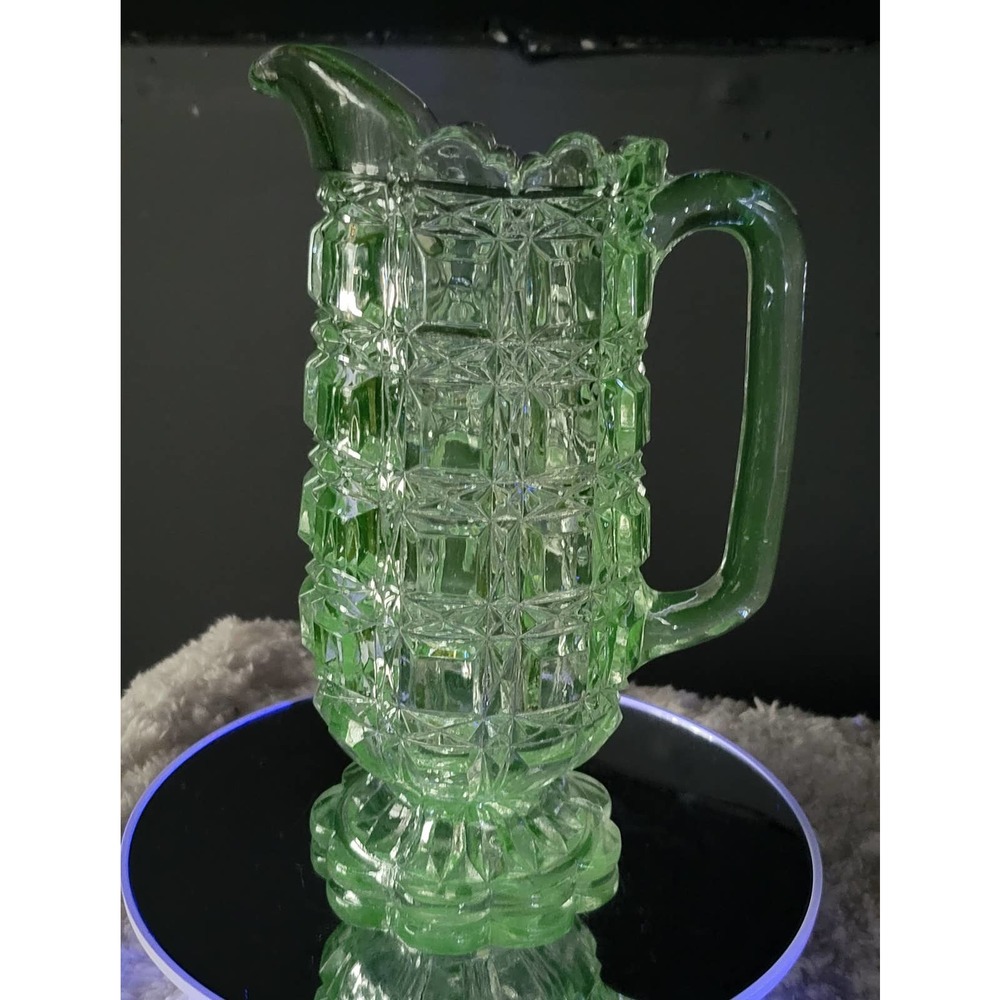 Vintage Clear Block Cut Glass Pitcher with Manganese Glow